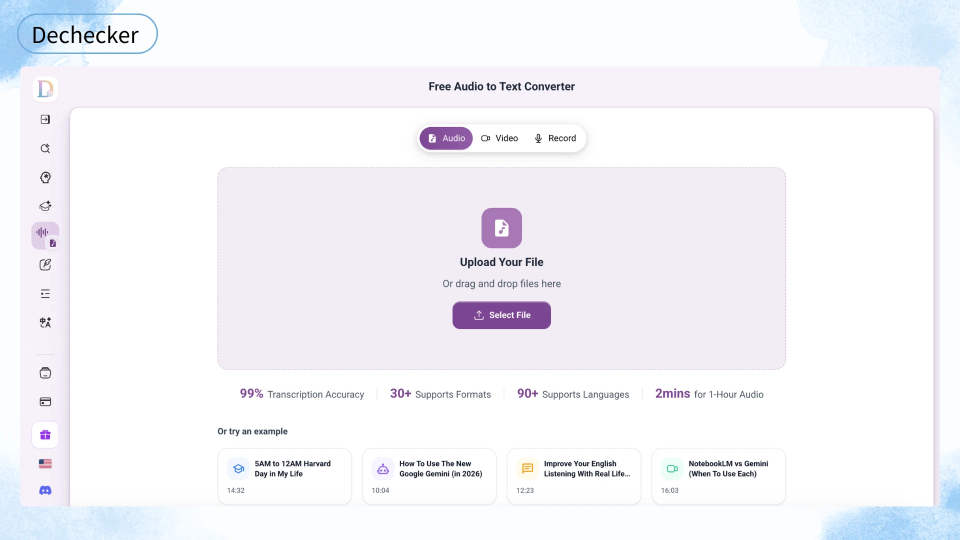 Dechecker — Free Audio to Text Converter with AI Summaries and Academic Focus - Dechecker